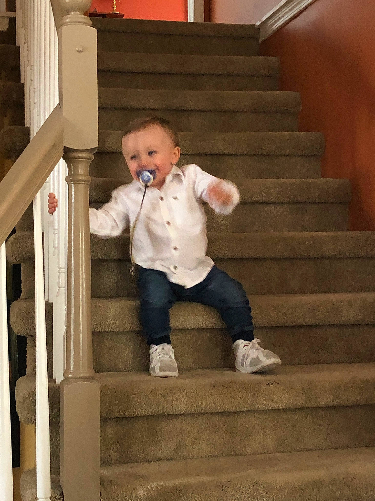 Michael is registered to the contest to win money with this photo: child, joy, person, stairs