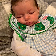 Rayleigh is registered to the contest to win money with this photo: baby, sleeping, infant, soft_blanket, blue_outfit, embroidered_trees, peaceful, closeup, child, cute, resting, newborn, portrait, hand, white_sleeve, fabric, cozy, face, young_child, indoor