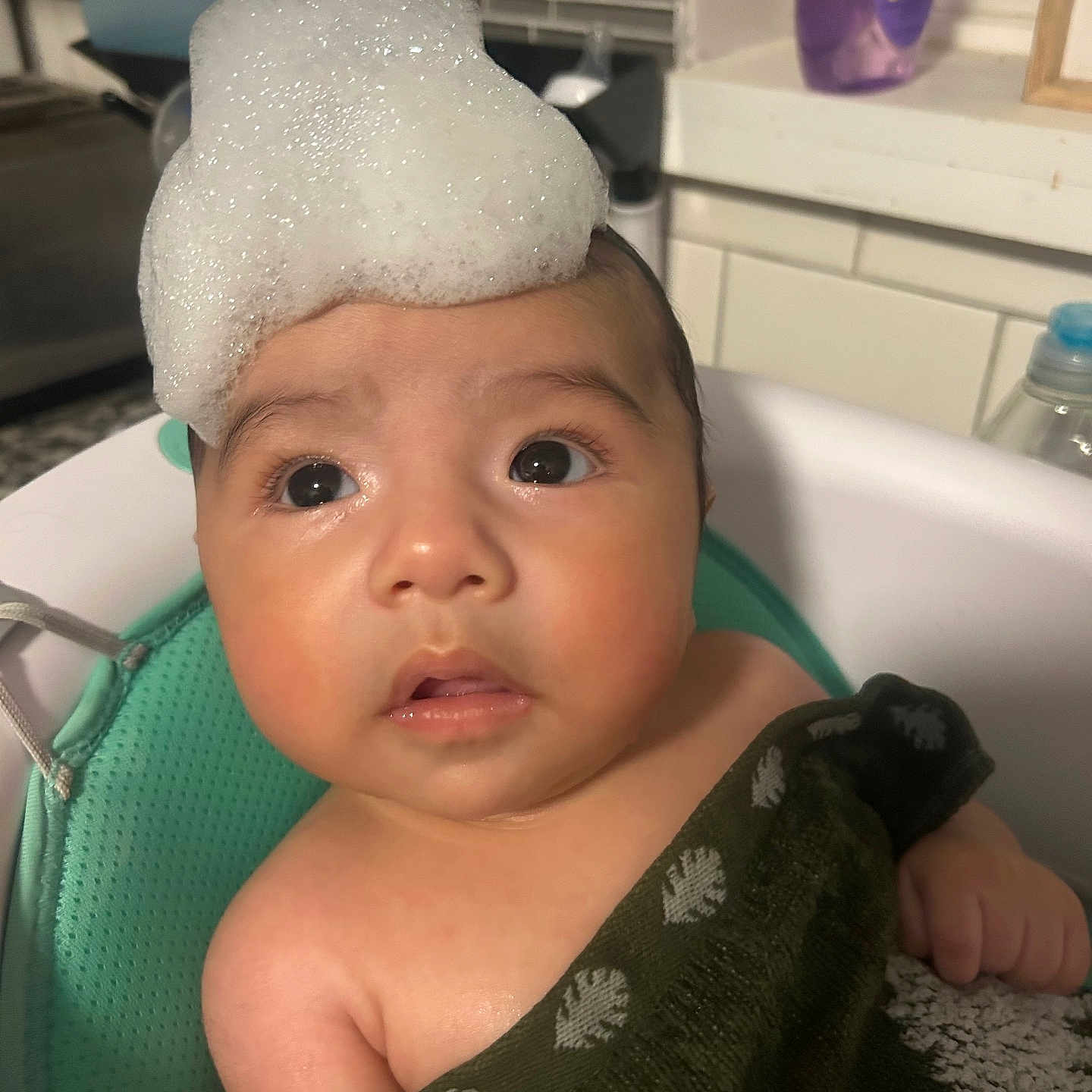 Owen joined the competition — help win amazing prizes! baby, bath, bathroom, bubbles, child, clean, curious, cute, expression, face, foam, head, indoors, infant, person, seat, sink, skin, towel, water