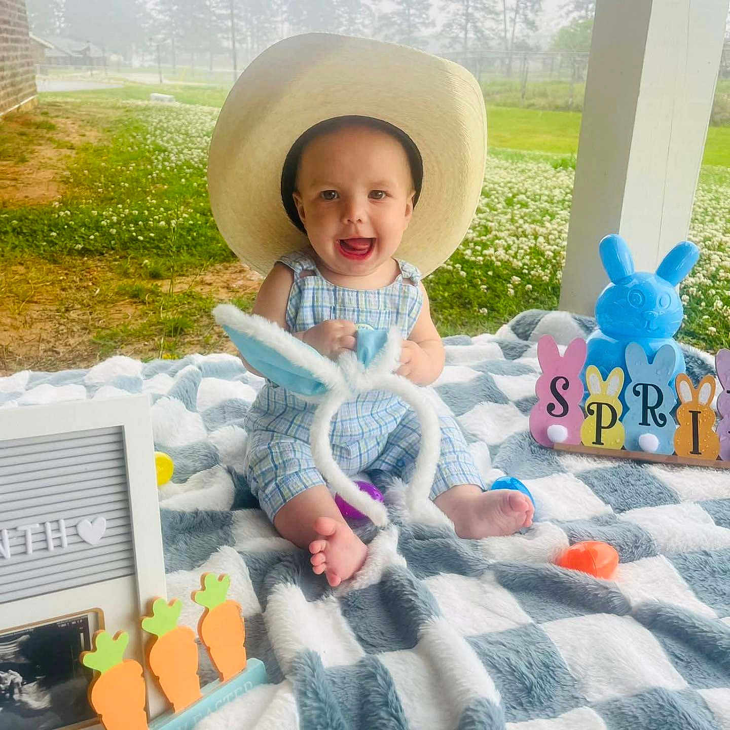 Tatem is registered to the contest to win money with this photo: baby, cowboy_hat, blanket, outdoor, grass, trees, toy, bunny_ears, carrots, easter_decor, smiling, child, cute, plush, colorful, sunlight, person, portrait, happy, nature