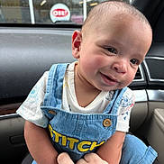 Clayton joined the competition — help win amazing prizes! baby, child, denim_overalls, stitch, smile, car_interior, hand, closeup, cute, infant, seat, window, shirt, button, person, portrait, skin, face, happy, sitting