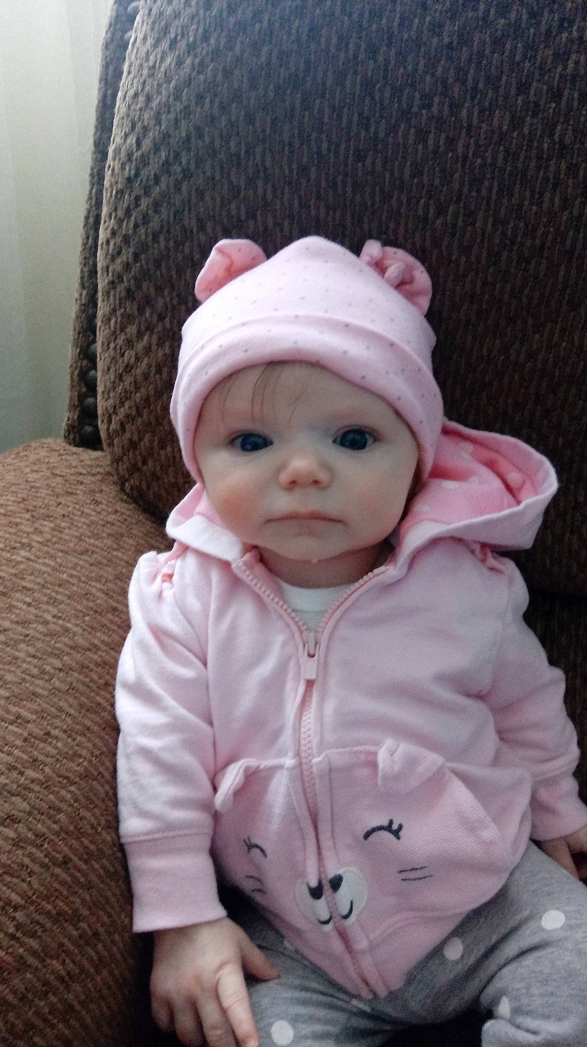 Hadlee joined the competition — help win amazing prizes! beanie, cheek, child, ear, eye, face, girl, head, headgear, infant, nose, person, pink, product, skin, smile, textile, toddler
