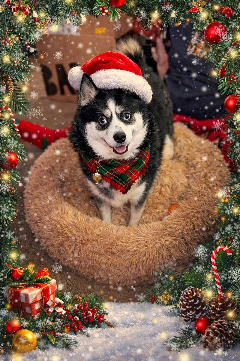 Skye joined the competition — help win amazing prizes! dog, santa_hat, plaid_scarf, fluffy_bed, christmas_decorations, pine_branches, ornaments, candy_cane, gift_box, snowfall, holiday_theme, festive, pet, black_and_white_dog, happy, indoor, seasonal, winter, celebration, smiling_dog