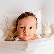 Livio participe au concours pour gagner de l'argent avec cette photo : baby, infant, blanket, knitted_toys, stuffed_animals, bunny, bear, pillow, cute, portrait, face, indoors, soft_lighting, white_background, child, newborn, cozy, sleeping_area, wrapped, resting