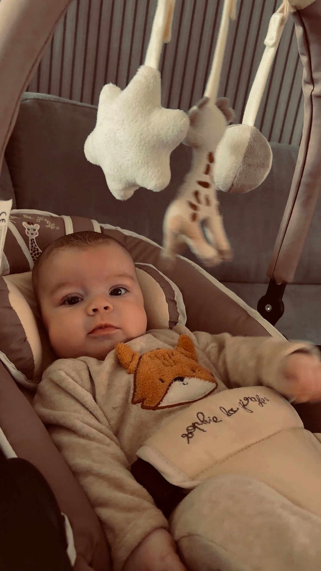 Timéo a rejoint le concours — aidez-le/la à gagner de superbes lots ! baby, infant, onesie, fox_patch, plush_star, giraffe_toy, hanging_mobile, baby_seat, cushion, soft_toys, portrait, indoors, cozy, fabric, embroidery, wide_eyes, relaxing, neutral_tones, nursery, child