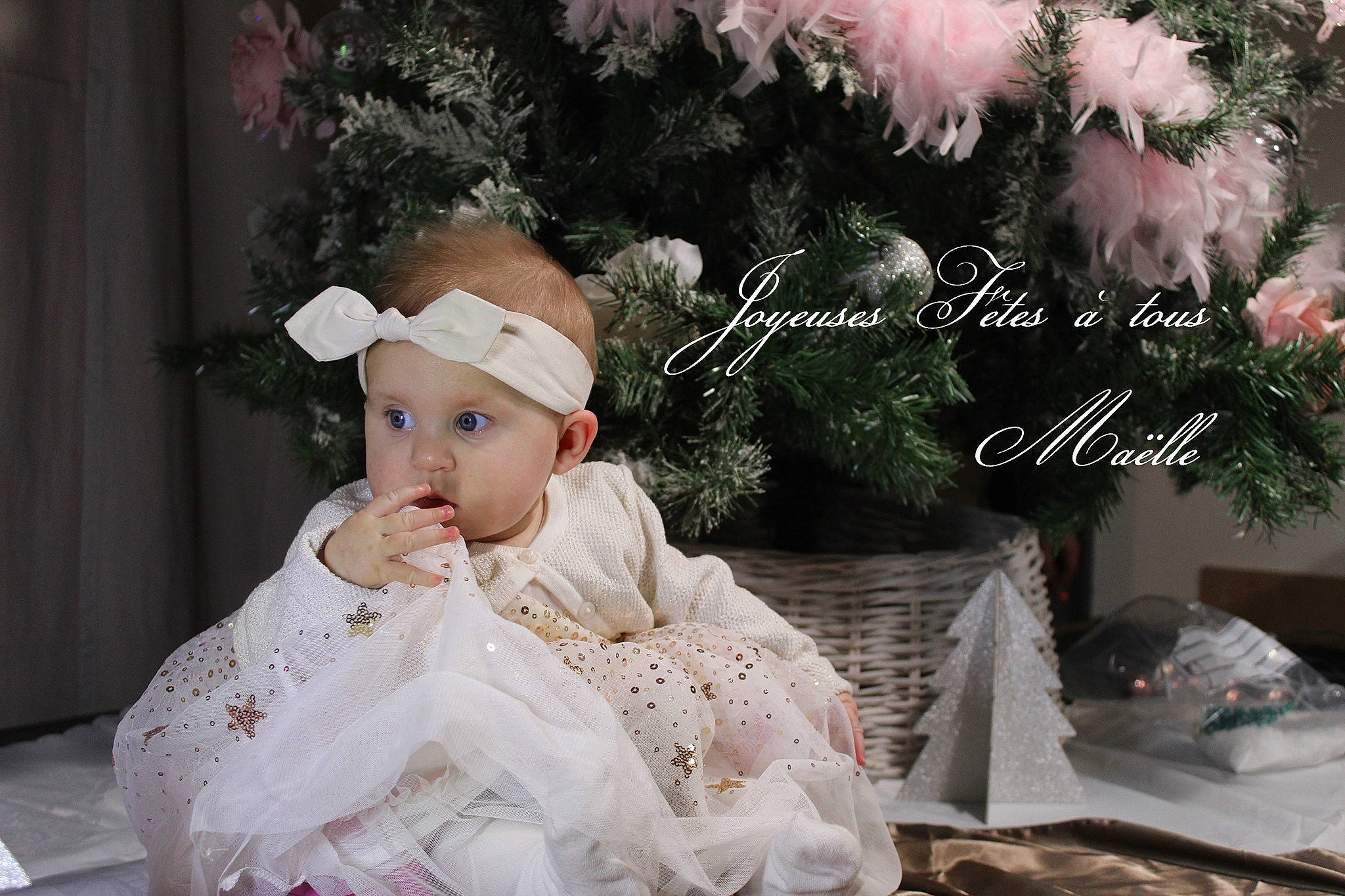 Maëlle participe au concours pour gagner de l'argent avec cette photo : baby, baby_toddler_clothing, dress, embellishment, event, fashion_accessory, flash_photography, font, fur, happy, headpiece, headwear, jewellery, ornament, person, petal, picture_frame, pink, sitting, textile