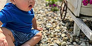 Dario is registered to the contest to win money with this photo: barefoot, blue_shirt, child, curious, curly_hair, daylight, flowers, garden, greenery, nature, outdoor, pink_flowers, planter, portrait, rocks, side_view, sitting, sunny, toddler, young_child