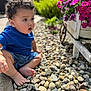 toddler, child, curly_hair, blue_shirt, barefoot, rocks, garden, flowers, planter, outdoor, sunny, nature, greenery, pink_flowers, curious, sitting, portrait, daylight, side_view, young_child