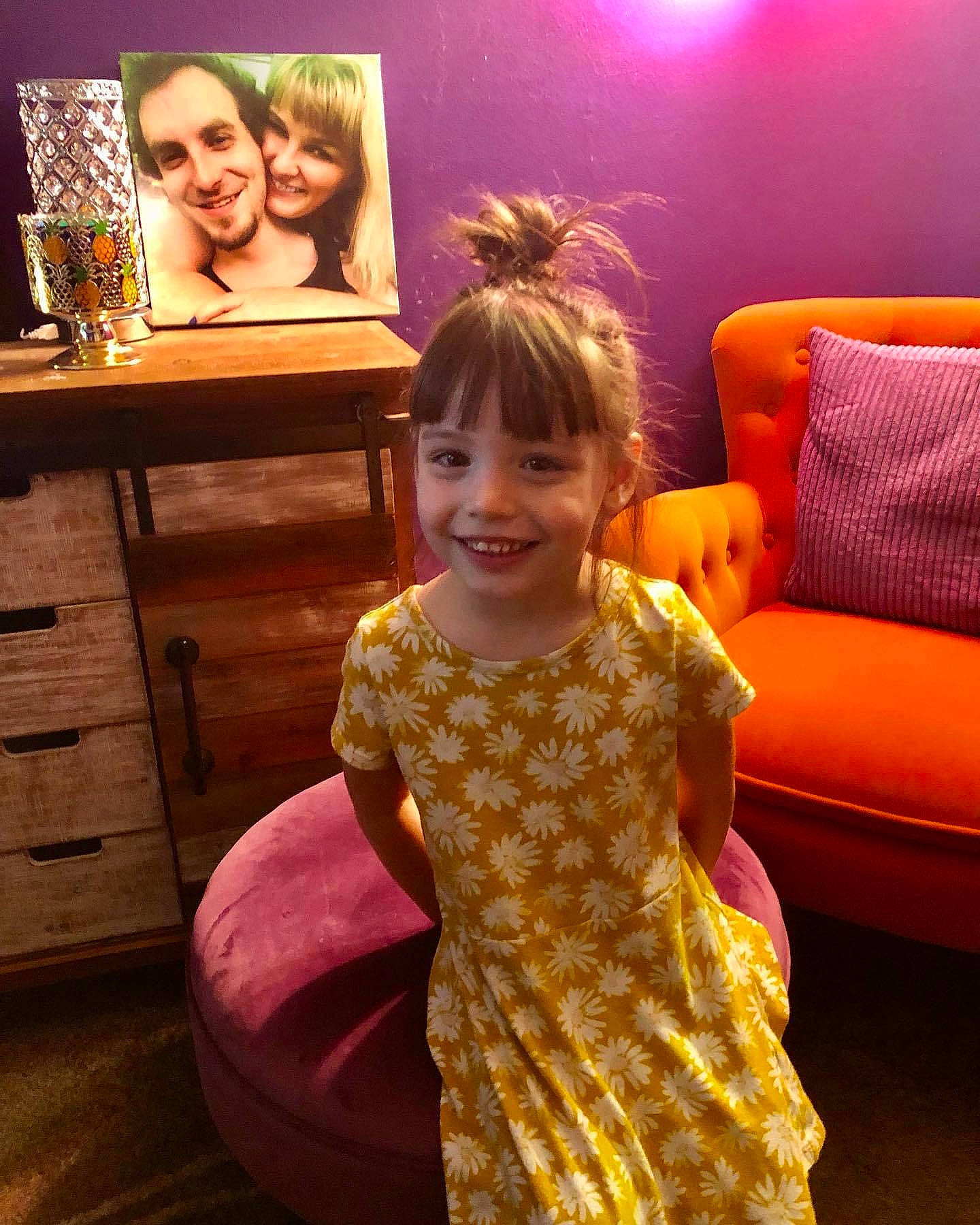 Aayda is registered to the contest to win money with this photo: beauty, cabinetry, drawer, dress, event, facial_expression, fashion, floor, flooring, fun, furniture, hairstyle, happy, joy, magenta, organ, person, picture_frame, pink, purple