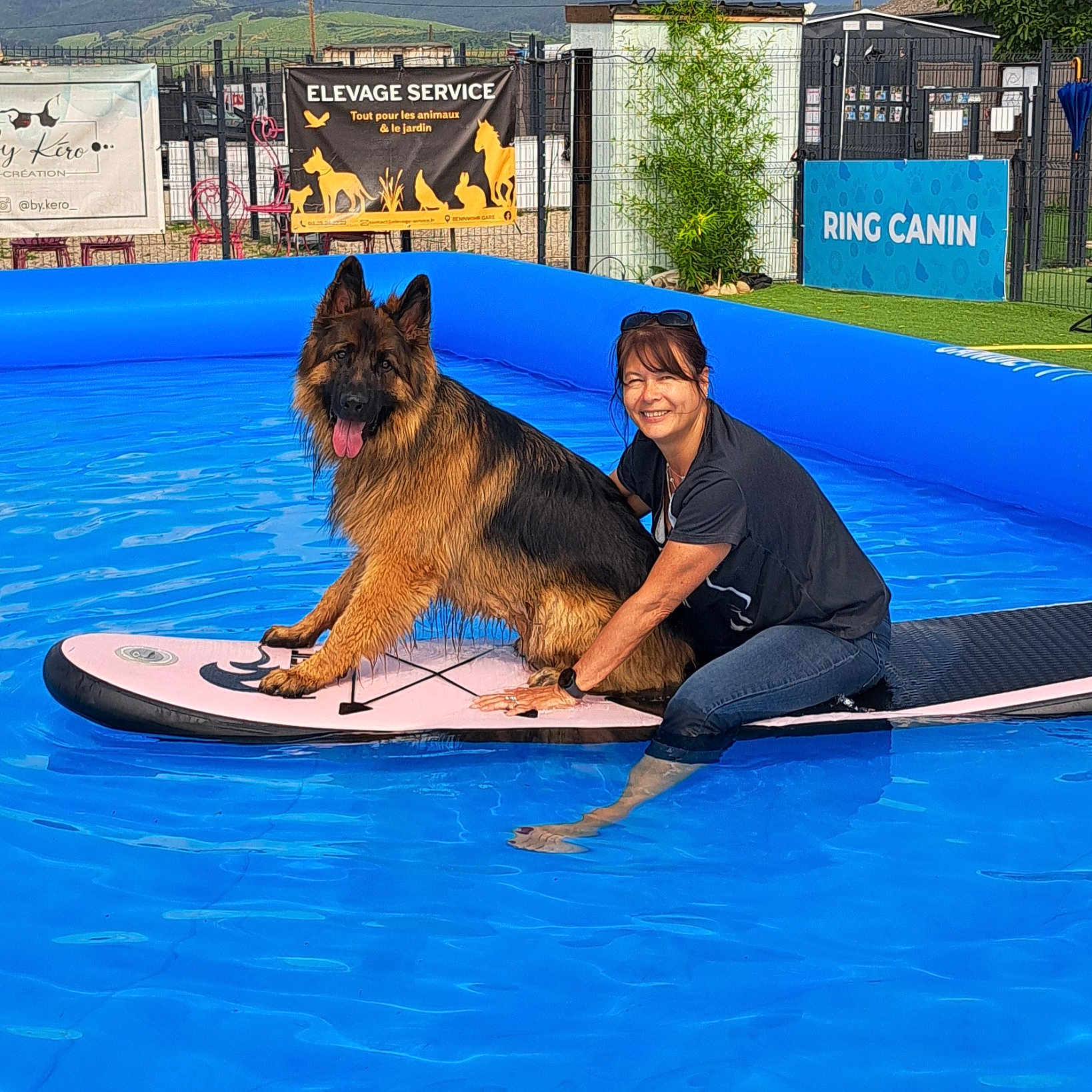 Léo participe au concours pour gagner de l'argent avec cette photo : accessories, adult, animal, bag, canine, clothing, dog, face, female, footwear, germanshepherd, handbag, head, outdoors, person, pet, pool, swimmingpool, water, woman