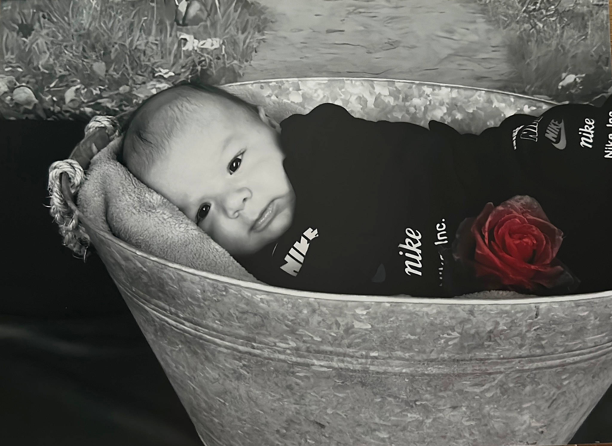 Mélyann a rejoint le concours — aidez-le/la à gagner de superbes lots ! baby, baby_carriage, baby_products, baby_toddler_clothing, basket, beauty, cheek, child, eye, fashion_accessory, flash_photography, happy, infant_bed, iris, monochrome, monochrome_photography, person, petal, rose, sitting