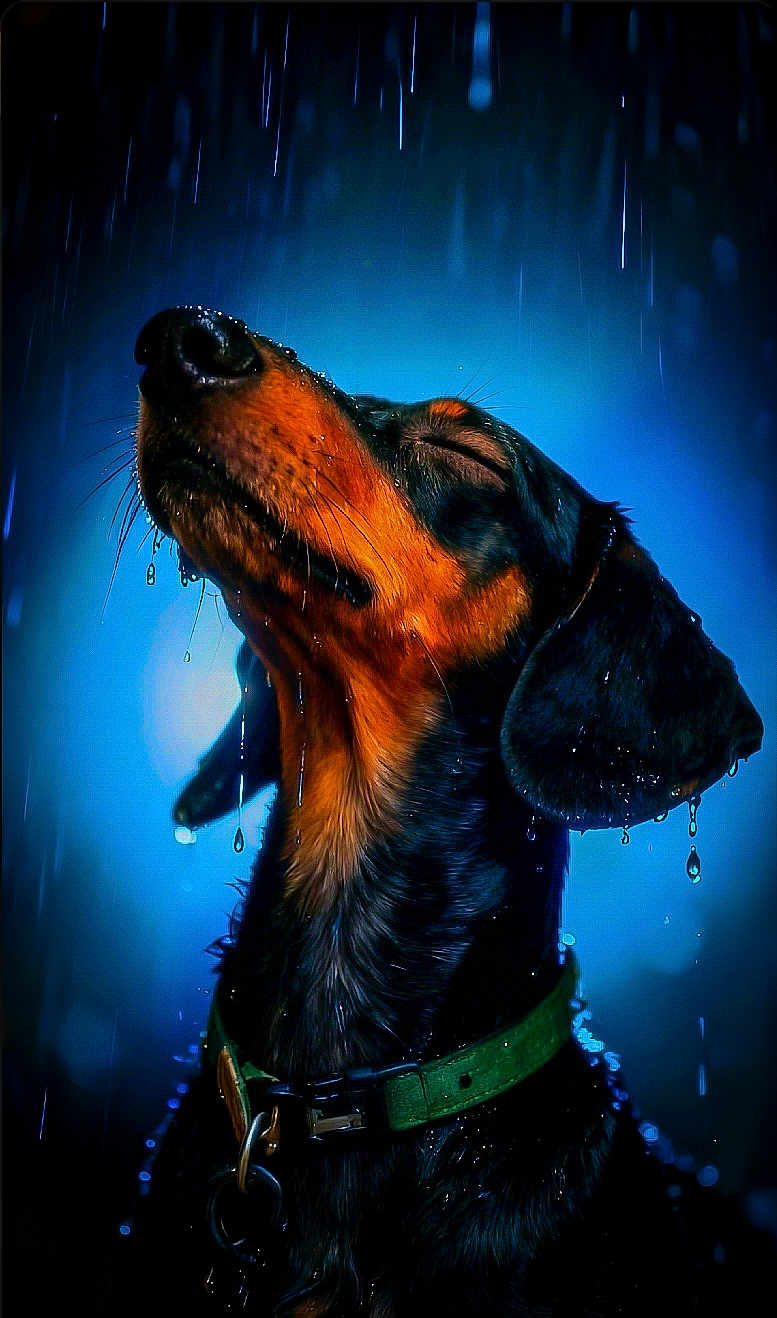 Murphy joined the competition — help win amazing prizes! dog, dachshund, rain, wet, water_droplets, portrait, animal, pet, close_up, black_and_tan, green_collar, serene, outdoor, night, glowing_background, dripping, fur, canine, head, ears