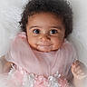 Neena is registered to the contest to win money with this photo: baby, infant, child, cute, curly_hair, pink_dress, flowers, soft_texture, white_background, portrait, smile, large_eyes, closeup, adorable, tulle, fabric, skin, hand, face, lying_down