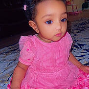 Sosayt is registered to the contest to win money with this photo: baby, child, toddler, portrait, sitting, pink_dress, ruffles, floral_dress, hair_bows, hair_accessories, wide_eyed, serious_expression, indoors, living_room, carpet, furniture, close_up, photography, fashion, cute