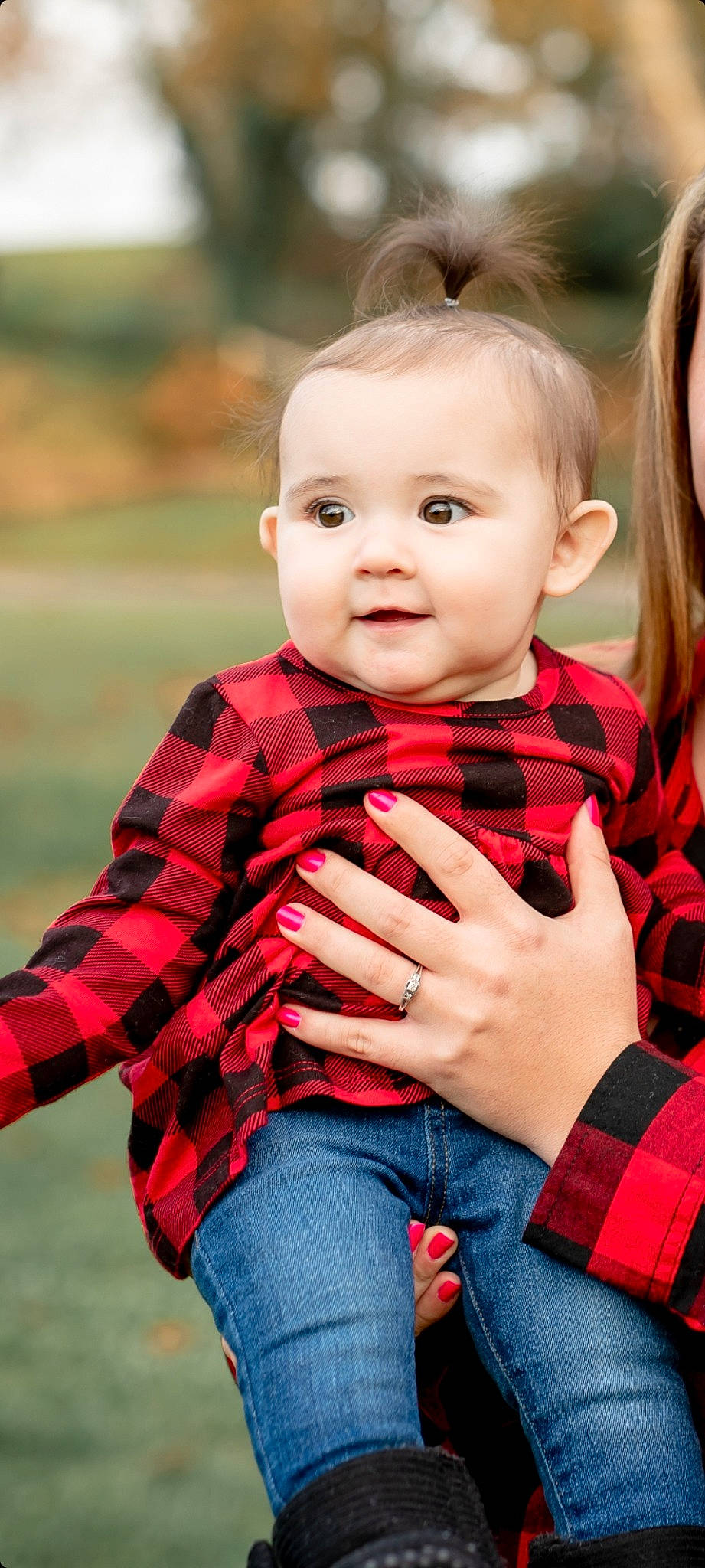 Hailee joined the competition — help win amazing prizes! baby, baby_toddler_clothing, cheek, child, denim, flash_photography, fun, gesture, grass, happy, iris, lip, pattern, person, plaid, red, skin, sleeve, smile, tartan