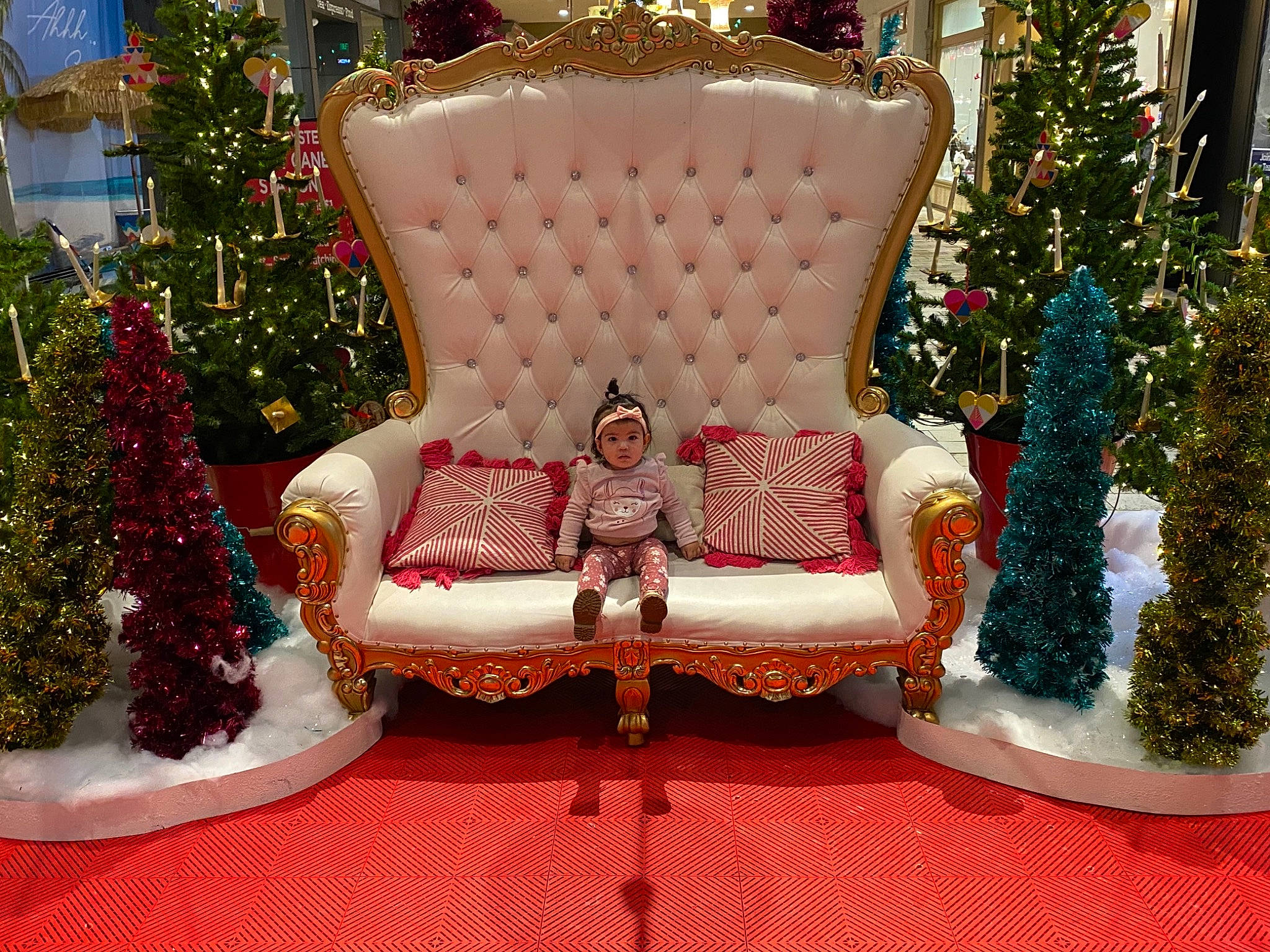 Lexi joined the competition — help win amazing prizes! chair, christmas_decoration, christmas_ornament, christmas_tree, conifer, couch, decoration, event, furniture, green, headwear, holiday, holiday_ornament, home, interior_design, magenta, ornament, person, room, toy