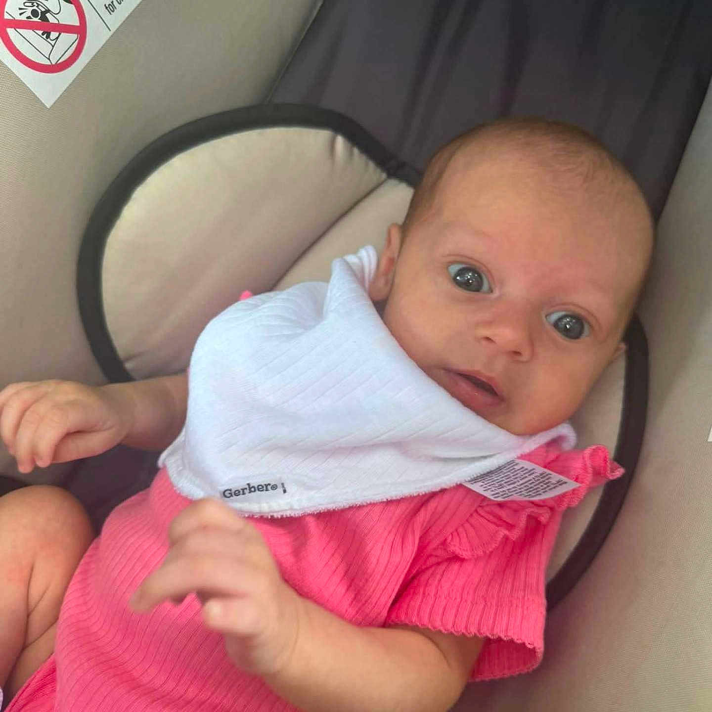 Leilani is registered to the contest to win money with this photo: baby, infant, child, pink_clothing, bib, car_seat, cushion, warning_label, sitting, wide_eyes, portrait, cute, indoors, young_child, person, soft_fabric, newborn, apparel, seat, comfort
