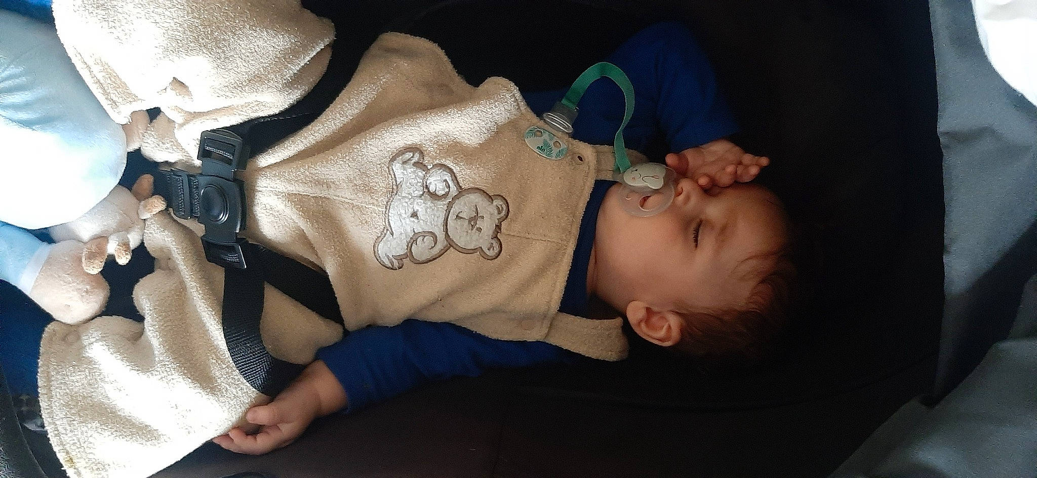 Thibault participe au concours pour gagner de l'argent avec cette photo : baby, baby_products, baby_sleeping, baby_toddler_clothing, bag, cheek, child, collar, comfort, mammal, pattern, person, personal_protective_equipment, sitting, skin, sleep, sleeve, toddler