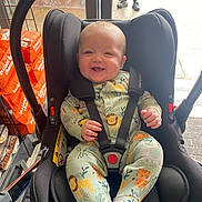 Arlo joined the competition — help win amazing prizes! baby, car_seat, smiling, infant, onesie, animal_print, lion, tiger, straps, black_car_seat, store, shopping_cart, orange_bags, person, legs, shoes, door, floor_mat, happy, indoor