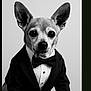 dog, tuxedo, bow_tie, black_and_white, portrait, pet, chihuahua, formal, animal, cute, tongue_out, sitting, studio, small_dog, clothing, face, ears, fur, eyes, adorable