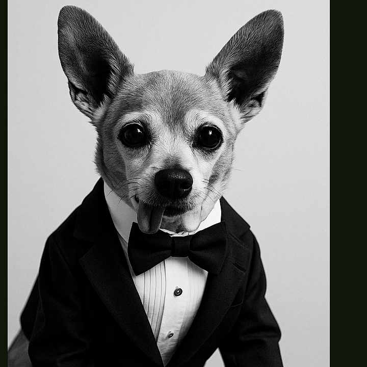 Peterpan joined the competition — help win amazing prizes! adorable, animal, black_and_white, bow_tie, chihuahua, clothing, cute, dog, ears, eyes, face, formal, fur, pet, portrait, sitting, small_dog, studio, tongue_out, tuxedo
