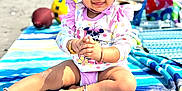 Nidhyanti is registered to the contest to win money with this photo: toddler, child, beach, sand, hat, sunhat, striped_towel, polka_dot, playing, happy, smiling, summer, outdoor, toy, bracelet, footwear, clothing, sitting, sunny, vacation