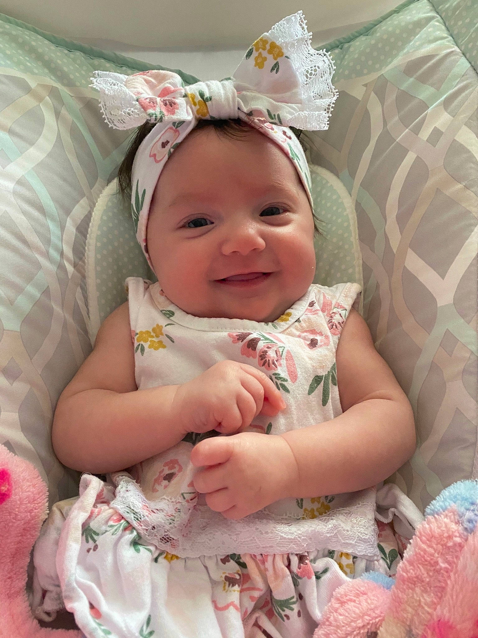 Makenzie joined the competition — help win amazing prizes! baby, baby_products, baby_toddler_clothing, birth, cheek, child, ear, fashion_accessory, hair_accessory, headband, headgear, headwear, joy, person, pink, product, skin, smile, textile, toddler
