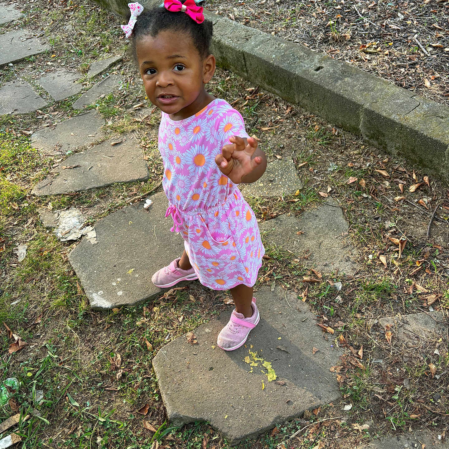 Amyricle is registered to the contest to win money with this photo: child, clothing, dress, face, female, flagstone, footwear, girl, grass, head, path, person, photography, plant, portrait, road, rock, slate, soil, walkway