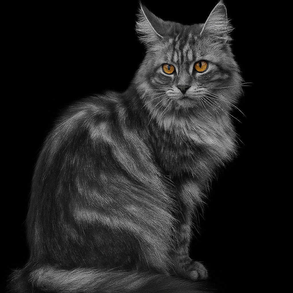 Zaya participe au concours pour gagner de l'argent avec cette photo : amber_eyes, animal, black_background, cat, close_up, domestic_cat, ears, feline, graceful, long_fur, majestic, pet, portrait, sharp_detail, silver_tabby, sitting, soft_lighting, studio_photo, tail, whiskers