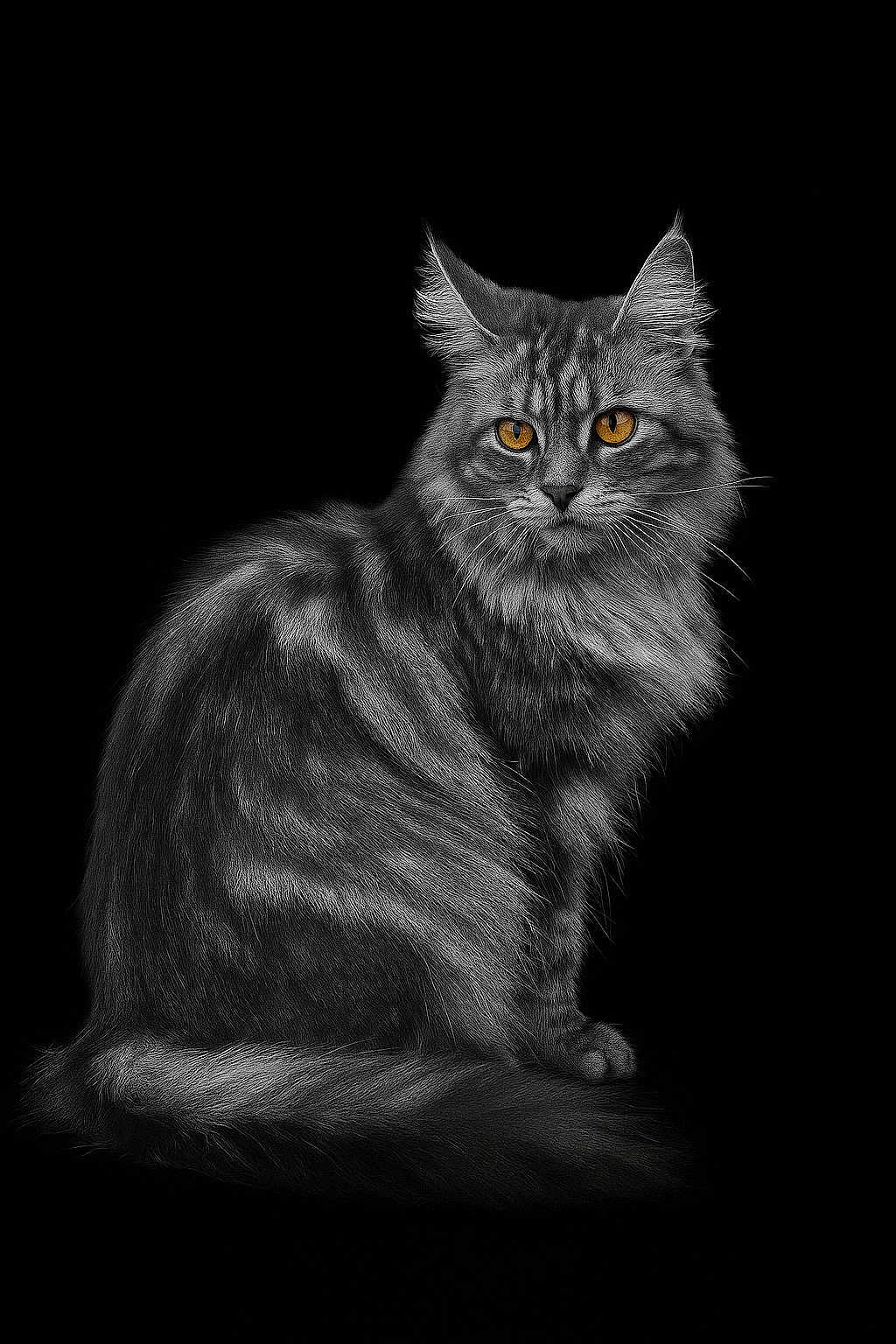 Zaya participe au concours pour gagner de l'argent avec cette photo : cat, silver_tabby, amber_eyes, long_fur, sitting, portrait, animal, pet, feline, whiskers, ears, tail, black_background, sharp_detail, soft_lighting, graceful, majestic, studio_photo, close_up, domestic_cat