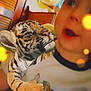 Tyberius joined the competition — help win amazing prizes! child, tiger_cub, digital_overlay, blurry, indoor, lights, animal, young, cute, face, shirt, toy, arm, glowing, orange, yellow, person, fantasy, imaginative, fun