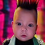 baby, child, punk, mohawk, leather_jacket, colorful_background, portrait, young, face, fashion, spikes, black_turtleneck, cute, stylish, closeup, studio_light, expressionless, head, person, eyewear