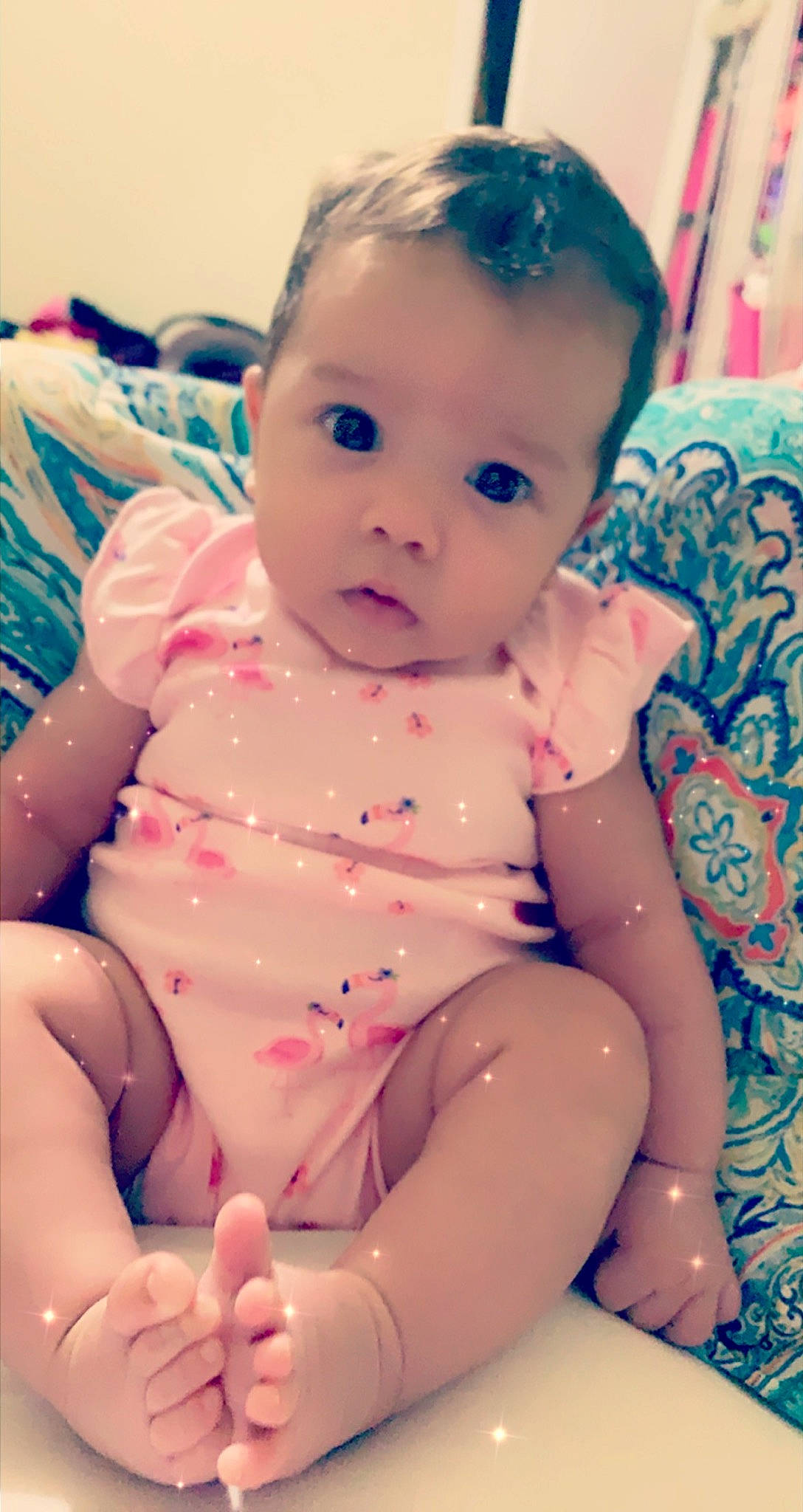 Maleah joined the competition — help win amazing prizes! baby, baby_products, baby_toddler_clothing, cheek, child, eye, face, finger, iris, lip, mouth, nail, person, pink, sitting, skin, toddler