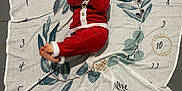 élio participe au concours pour gagner de l'argent avec cette photo : baby, child, santa_outfit, red_clothing, blanket, leaf_pattern, numbers, floor, cute, smiling, holiday, christmas, infant, lying_down, hands, feet, cozy, festive, decoration, portrait