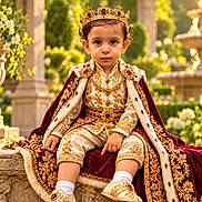 Alen is registered to the contest to win money with this photo: child, toddler, royal, crown, costume, prince, portrait, outdoor, garden, fountain, ornate, velvet, embroidery, gold, jewels, seated, smiling, formalwear, palace, flowers