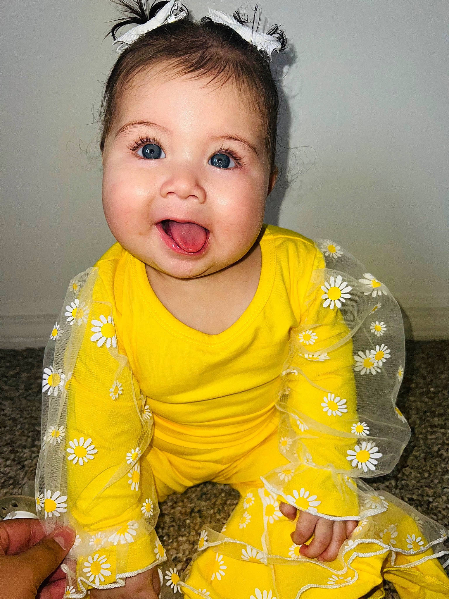 Samara is registered to the contest to win money with this photo: baby, baby_toddler_clothing, cheek, chin, dress, eye, eyelash, face, happy, head, iris, neck, person, pink, skin, sleeve, smile, standing, t_shirt, tiara