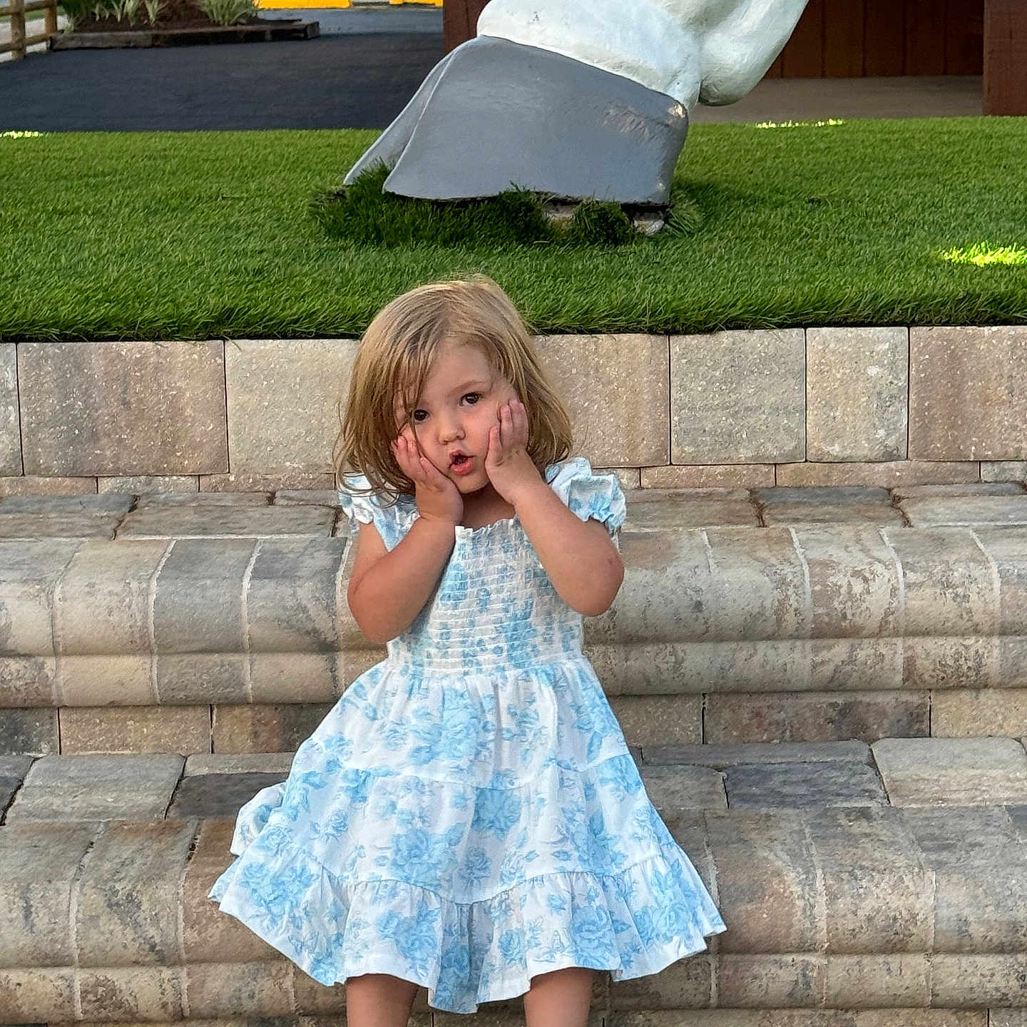 Everleigh is registered to the contest to win money with this photo: child, clothing, dress, face, female, footwear, girl, grass, head, nature, outdoors, park, path, person, photography, plant, portrait, sandal, skirt, walkway