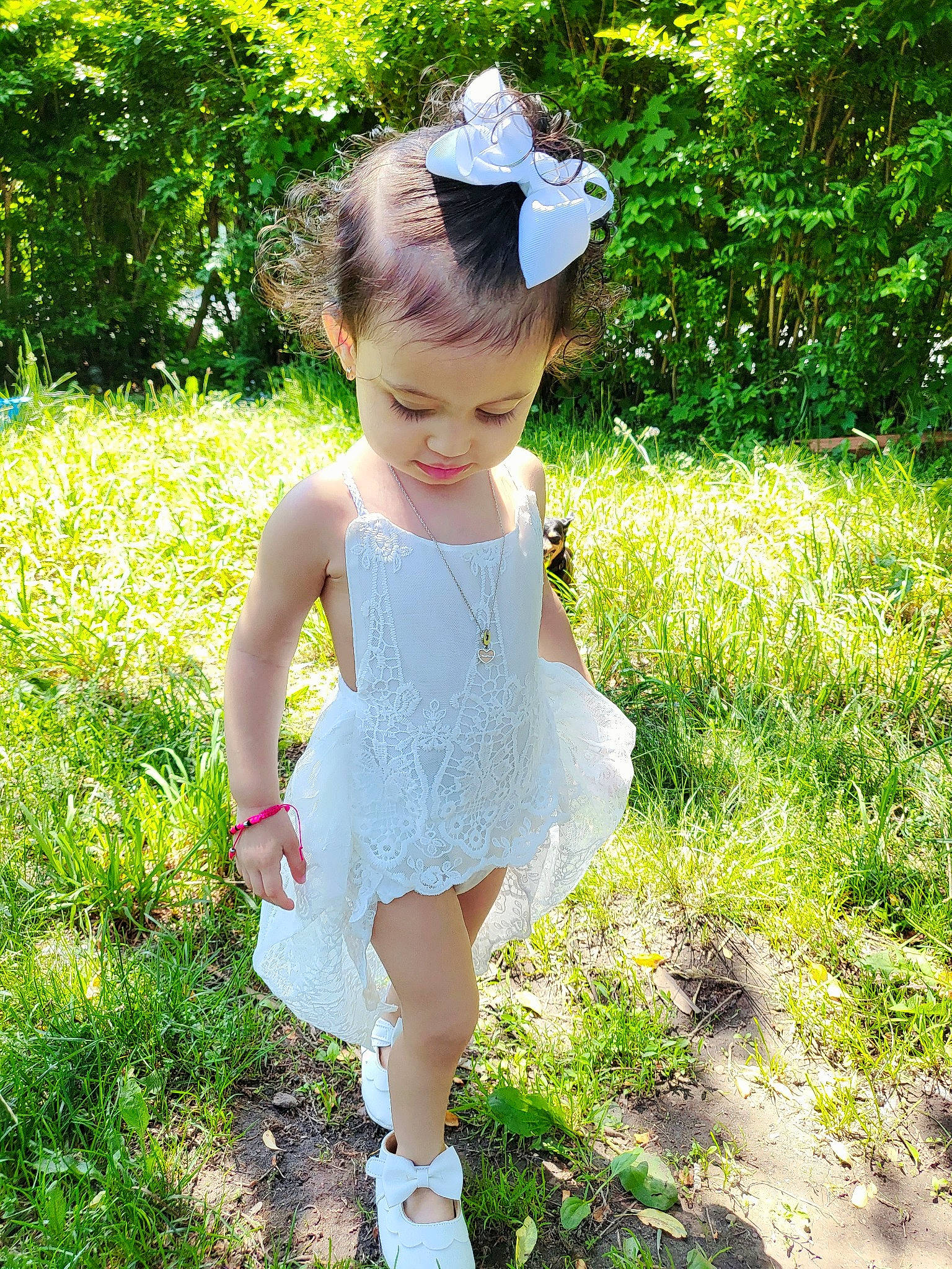 Mikayla joined the competition — help win amazing prizes! baby_toddler_clothing, day_dress, fashion_accessory, fawn, garden, grass, grassland, hair_accessory, happy, headpiece, leaf, meadow, one_piece_garment, pattern, people_in_nature, person, plant, toddler, tree, wildflower