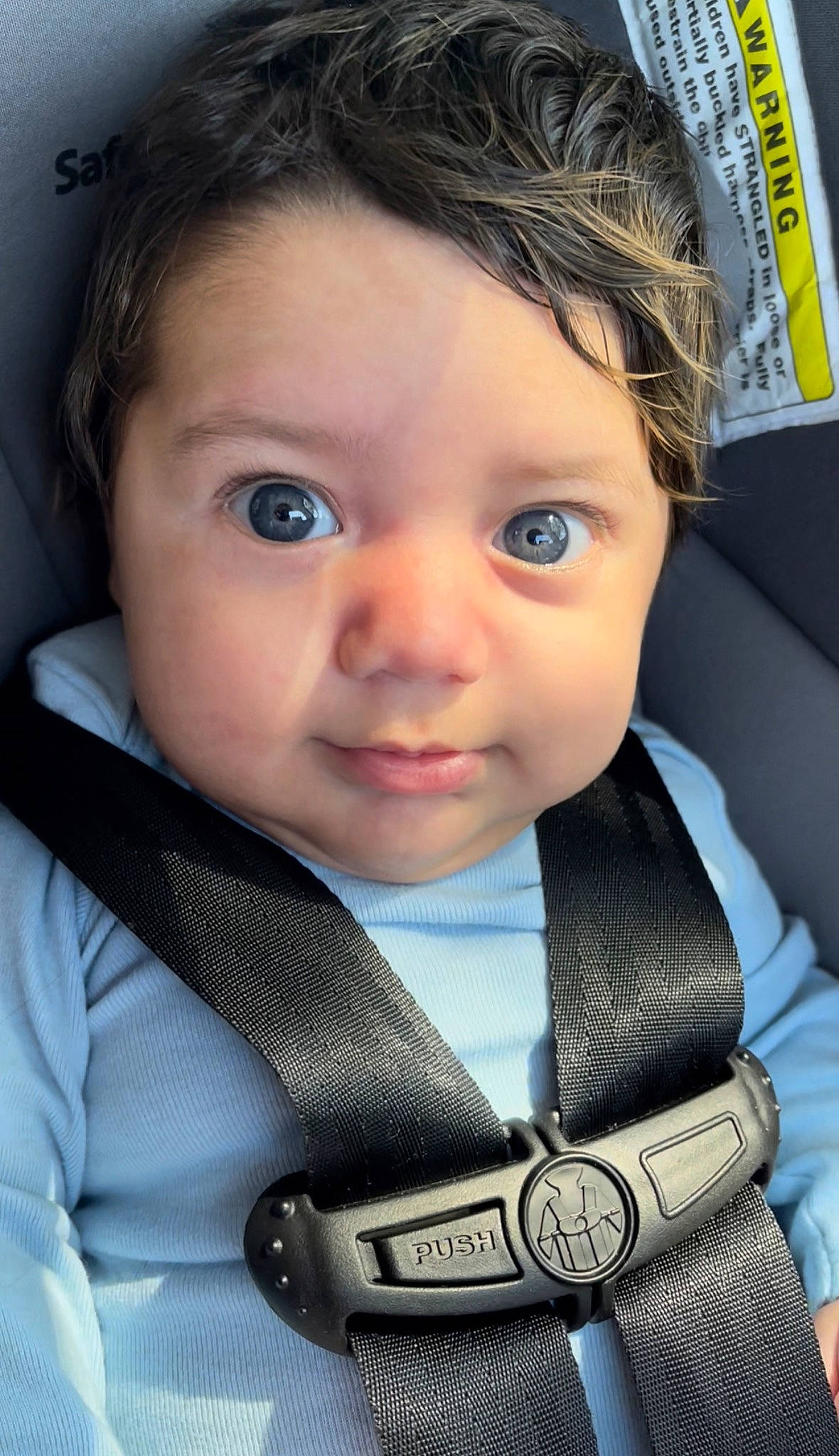 Matteo is registered to the contest to win money with this photo: auto_part, baby, baby_carriage, beauty, car_seat, cheek, child, eyebrow, eyelash, facial_expression, flash_photography, iris, lip, motor_vehicle, nose, organ, person, product, seat_belt, skin