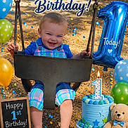 Hayden joined the competition — help win amazing prizes! baby, child, swing, birthday_cake, balloons, teddy_bear, confetti, gift_box, celebration, outdoor, smiling, blue_clothing, plaid_overalls, birthday_candle, number_one, party, happy, feet, face, sunlight