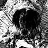 dog, black_and_white, speckled, blanket, plush_toy, pet, animal, lying_down, portrait, furry, cute, indoor, cozy, looking_at_camera, paw, fur, companion, resting, checkered_pattern, soft_texture