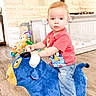 baby, blue_toy, brick_wall, child, family_photo, home, indoor, jeans, musical_toy, playpen, playroom, plush_toy, portrait, red_shirt, riding_toy, shoes, sitting, smiling, toddler, wood_floor