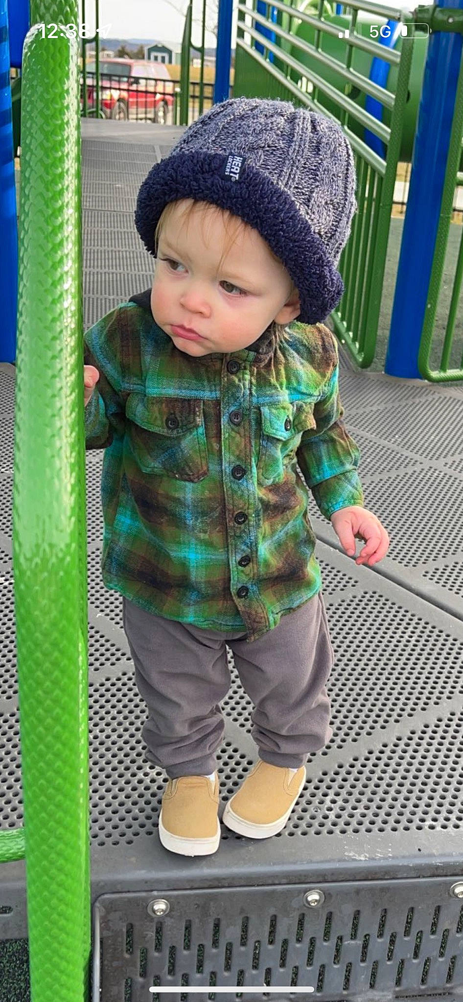 Makayla is registered to the contest to win money with this photo: baby, baby_toddler_clothing, cap, cheek, child, clothing, cool, flooring, grass, green, hat, headwear, leg, outerwear, pattern, person, photograph, skin, sleeve, snapshot