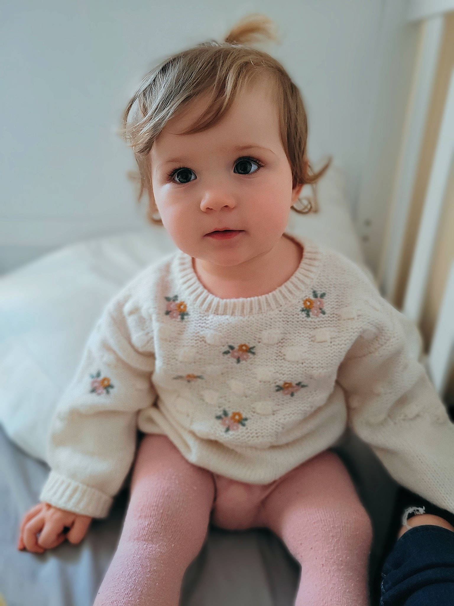 Scarlett joined the competition — help win amazing prizes! baby, baby_toddler_clothing, blond, cheek, child, collar, comfort, dress, flooring, hair, happy, iris, lip, neck, nose, pattern, person, sitting, skin, sleeve