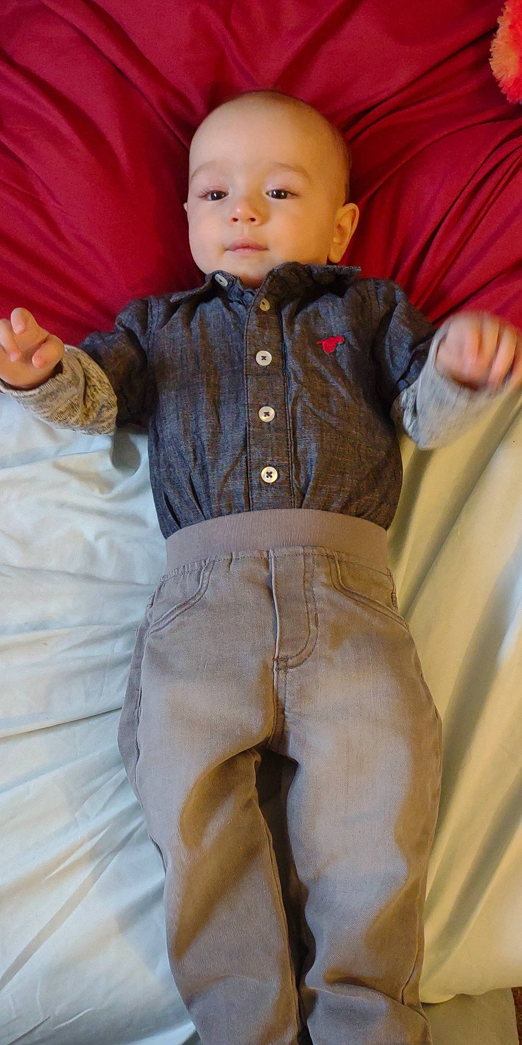 Aidyn is registered to the contest to win money with this photo: abdomen, arm, baby, baby_toddler_clothing, chest, child, collar, denim, eye, fashion_design, formal_wear, gesture, hand, jacket, leg, person, skin, sleeve, toddler, trunk