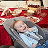 Thomas a rejoint le concours — aidez-le/la à gagner de superbes lots ! baby, car_seat, smiling, table, red_tablecloth, glasses, plates, napkins, candle, basket, plums, indoor, happy, child, dining, celebration, furniture, food, festive, person
