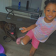 Kaylani is registered to the contest to win money with this photo: animal, canine, child, clothing, computerhardware, dog, electronics, face, female, footwear, girl, head, person, pet, photography, portrait, sandal, screen, shorts, wood