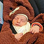 baby, newborn, sleeping, blanket, brown, bear, car_seat, child, infant, cozy, cute, soft, wrapped, peaceful, clothing, face, hands, headwear, resting, indoors