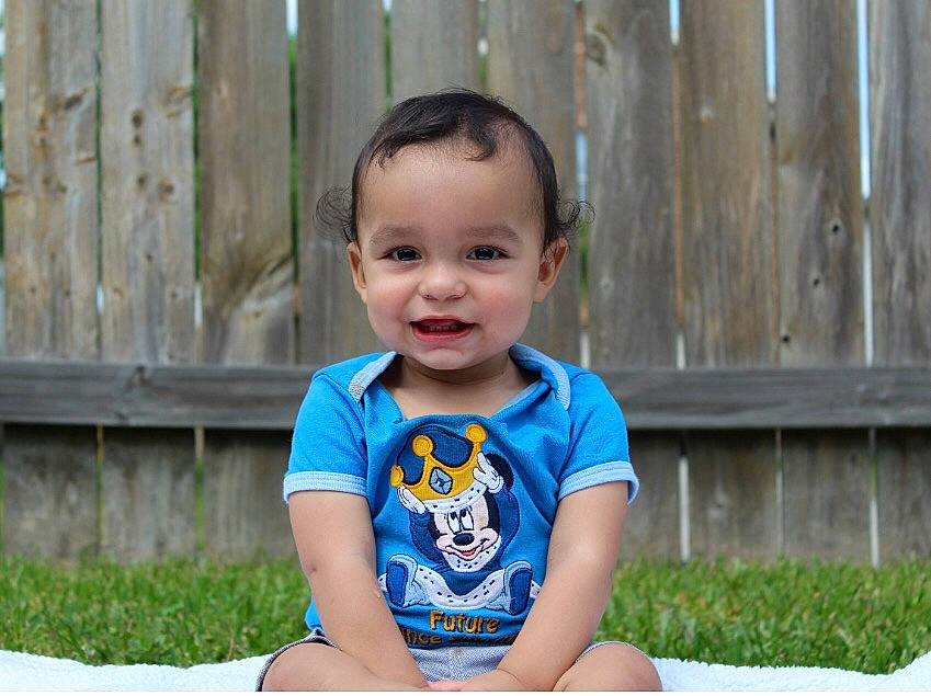 Davian joined the competition — help win amazing prizes! baby, baby_toddler_clothing, blue, child, grass, person, play, sitting, smile, summer, toddler, vacation
