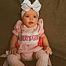 Wren joined the competition — help win amazing prizes! baby, baby_fashion, bow, brown_couch, child, clothing, couch, cute, fabric, girl, happy, headband, indoors, infant, knitted_leg_warmers, pink_outfit, portrait, seated, smiling, white_shoes